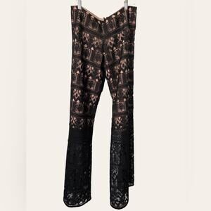 Alexis Black Nude Crochet Lace Wide Leg Palazzo Dress Pants Size M